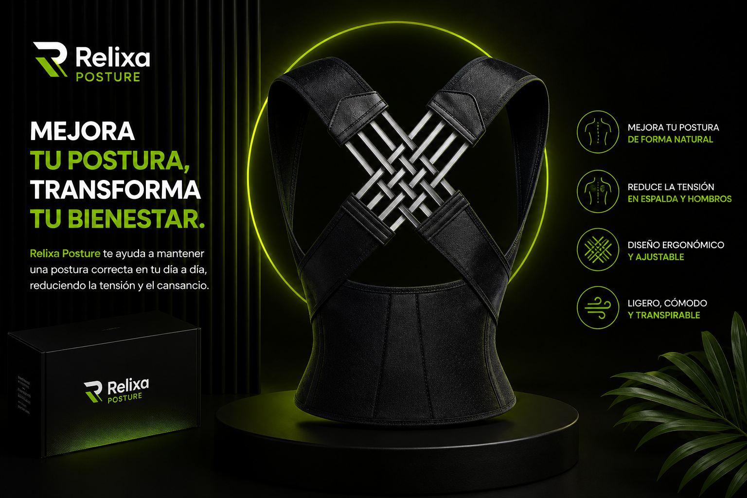 Relixa Support – Corrector de Postura Ajustable Ergonómico