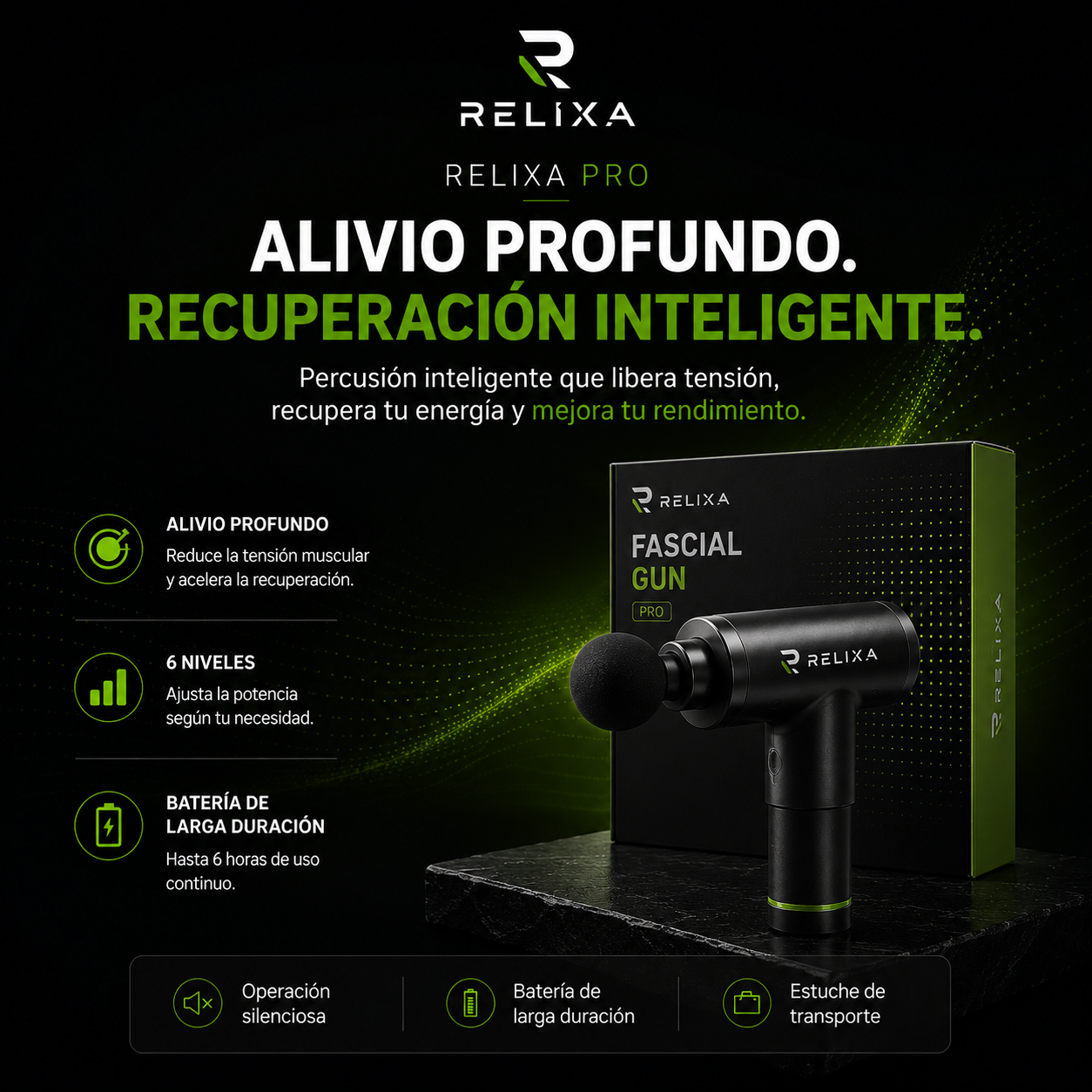 Relixa Pro – Pistola Masajeadora Muscular de Alta Potencia